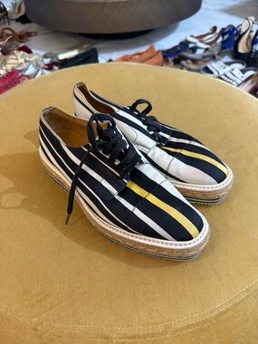 PRADA Striped Lace-Up Casual Shoes in Black, White & Yellow